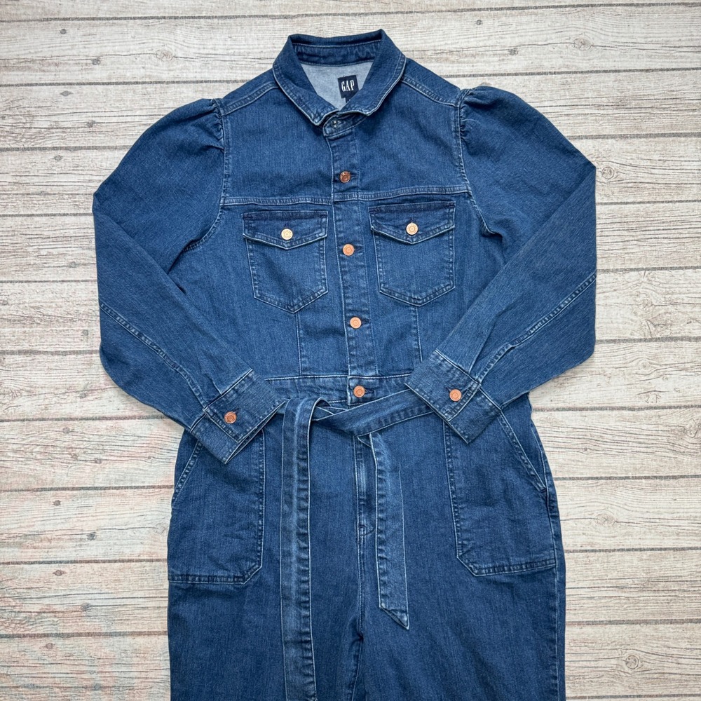 Gap Denim Jumpsuit Womens XL Blue Puff Sleeve Belted Flare Leg Long Sleeve Retro